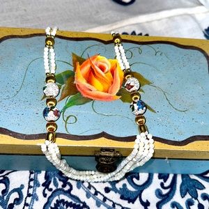 Mother of pearl four strands on bottom large four cloisonné white beads necklace